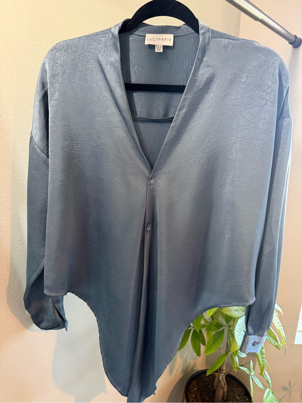 Lucy Paris Satin Asymmetrical Blouse – Blue (Size S)
